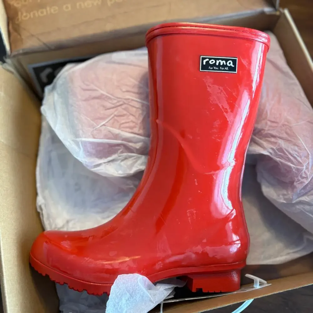 Roma Emma Mid Rain Boots 6 US 37 EU NWT Red Mid Calf Wellies